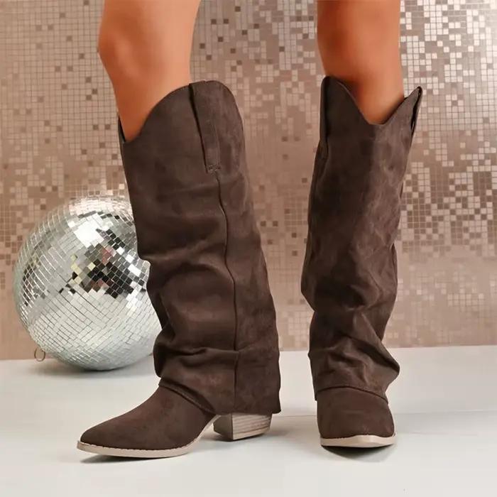 Talon épais daim genou bottes hautes femmes élégant plissé bout pointu marron