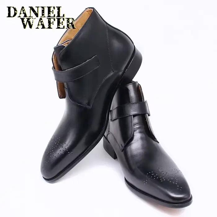 Bottes de rinçage en cuir véritable pour hommes, chaussures provoqué à enfiler avec sangle de structure, style décontracté basique, Parker pointu, noir et bleu, luxe
