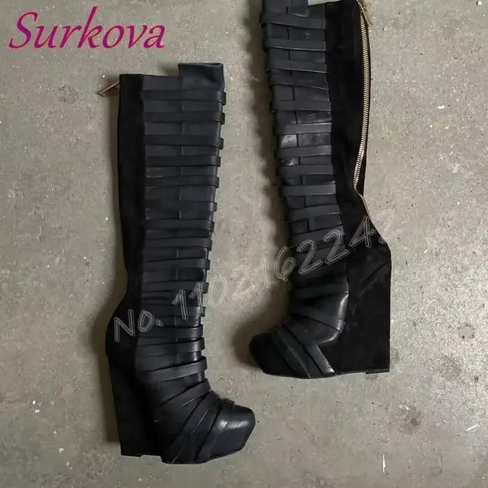 Bottes compensées en daim pour femmes, bout rond, fond épais, fermeture éclair arrière, bottes hautes noires, Sexy, pour les déplacements, modernes, automne