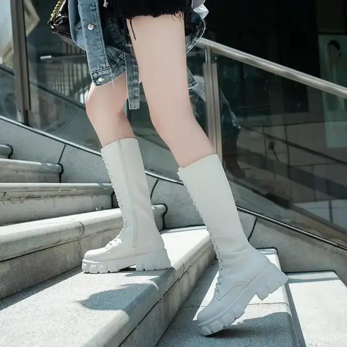 Hiver femmes fermeture éclair nouvelle botte longue mode à lacets chaussures antidérapantes décontracté à semelles épaisses tendance bottes confortables dames chaussure Botas