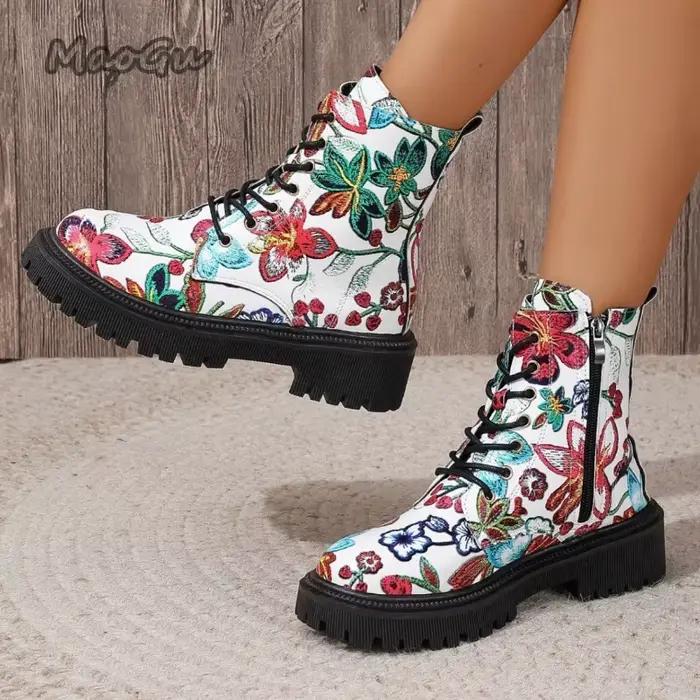 Nouvelle mode femmes bottes côté fermeture éclair fond épais Style britannique Botas Mujer tendance polyvalent bottes courtes imprimé fleuri Botines