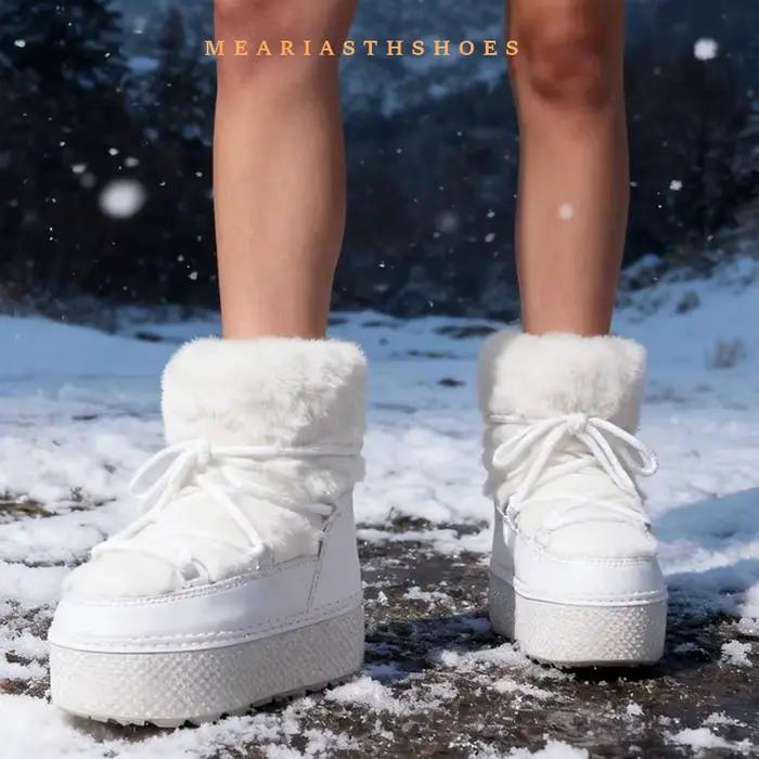 Bottes de neige à plateforme de 4.5cm pour femmes, plates, souples et confortables, bottines imperméables en cuir PU pour femmes, bottes de Ski noires et blanches