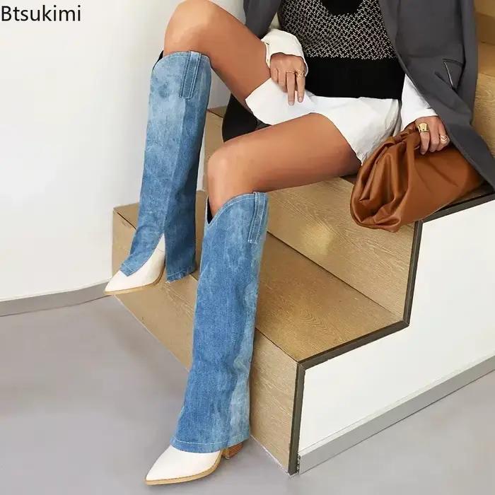 Nouvelles Bottes Hautes en Jean pour Femme 2026 – Chaussures Tendance à Talon Carré