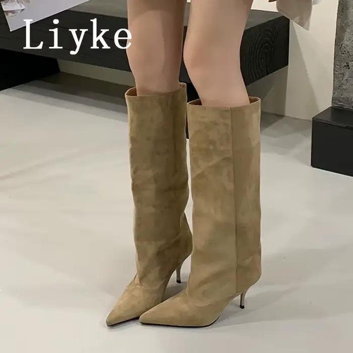 Bottes Liyke en Flock Femme Bout Pointu Talons Fins Étanches Occasions Spéciales Automne Hiver