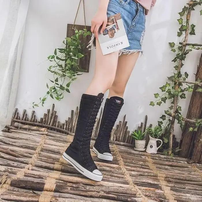2025 nouvelles chaussures montantes en toile pour femmes édition coréenne botte longue à lacets fermeture éclair