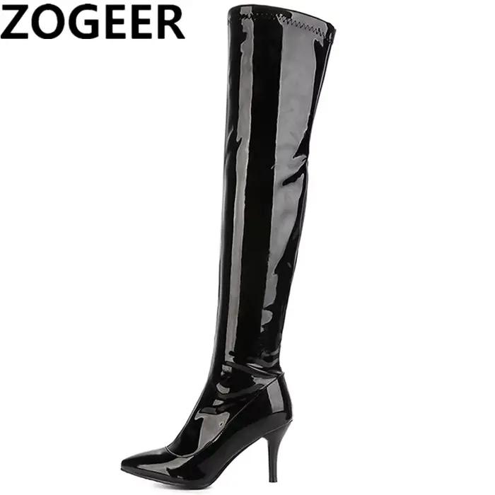 Cuissardes hautes élégantes pour femmes en cuir verni avec talons fins pour soirées et occasions spéciales