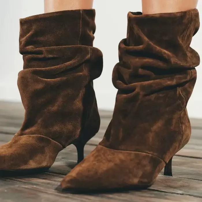 Aneikeh hiver rides bout pointu bottines femmes plissé bottes courtes Femme rétro élégant concepteur