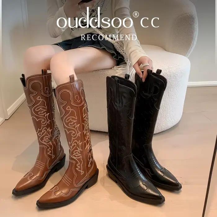 Bottes western brodées rétro pour femmes en cuir de vachette, haut du genou, talon carré, étanches, parfaites pour l'hiver et les occasions spéciales