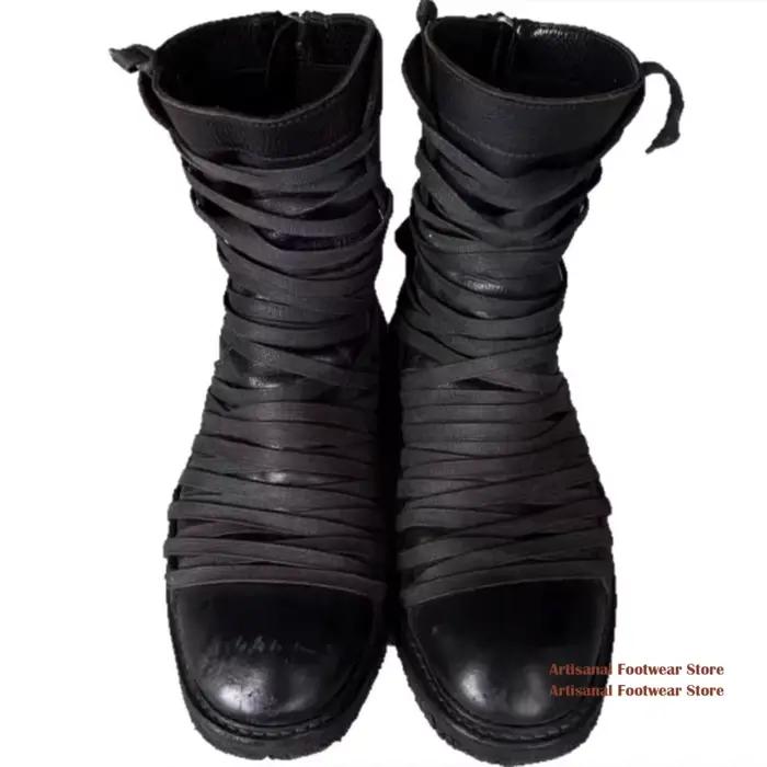 Bottes mi-mollet gothiques en cuir noir à plusieurs sangles ﻿ Bottines décontractées pour hommes à bout rond et semelle