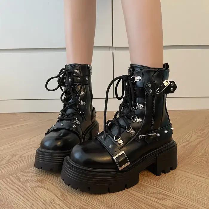 JODesign-Bottes Gothiques Courtes à Rivets pour Femme, Chaussures Rock de Style Punk, Décor en Métal, Nouvelle Collection 2024