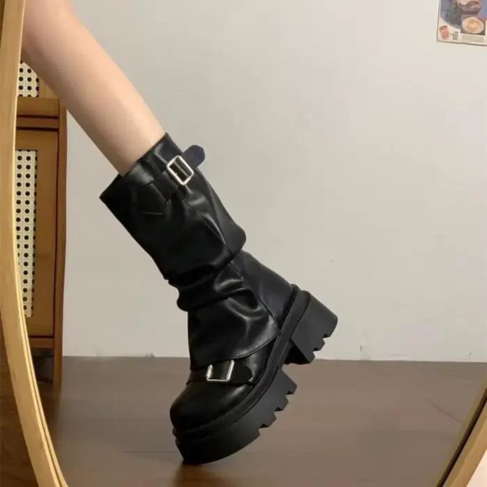 Bottines de motard à plateforme avec boucle de ceinture pour femmes, nouveau Design, bottines hautes aux genoux, gladiateur Harajuku Y2K Punk, bottines mi-tuyaux pour filles