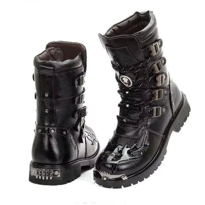 Hiver hommes bottes de moto 2025 nouvelle mode mi-mollet gothique ceinture Punk bottes hommes en cuir PU chaussures hautes hommes en peluche Botas
