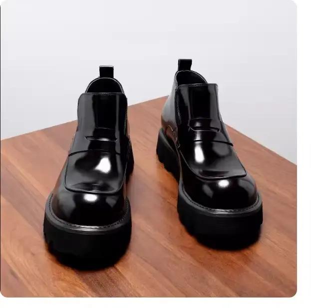 Bottes montantes pour hommes avec semelle épaisse, Surface en cuir brillant, fabriquées à la main, en cuir véritable, grande taille, qualité de Style européen