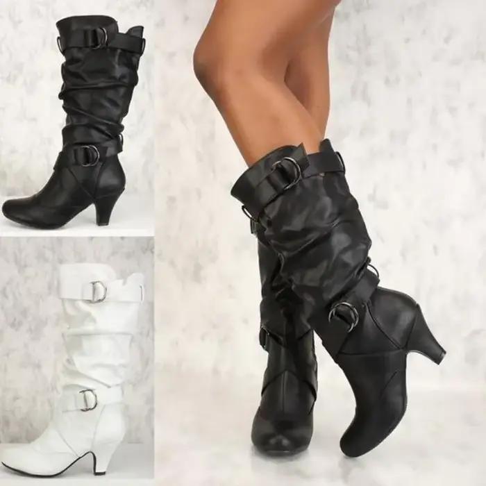 Bottes Sexy pour femmes mi-mollet nouvelle mode botte décontractée 3CM talon carré décoration en métal boucle de