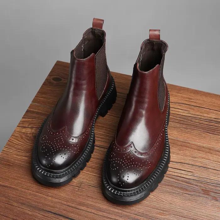 Bottes hautes pour hommes, mocassins à fond épais, motif sculpté, en cuir véritable, Style européen