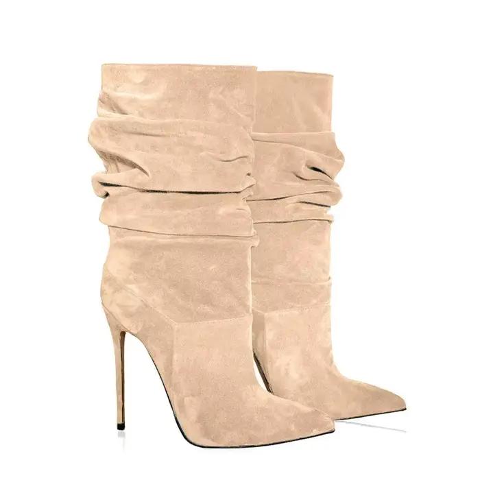 2025 mode bout pointu plissé talon aiguille genou bottes hautes extensible grande taille femmes bottes habillées pour bureau et soirée