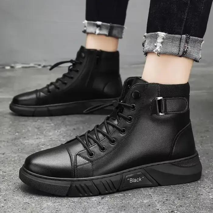 Bottines en cuir PU noires pour homme, confortables, à lacets croisés, pour l'automne et l'hiver, bottes montantes décontractées et élégantes pour toutes sortes d'occasions