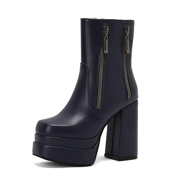 Femmes bottes printemps automne hiver mode bout rond talons épais côté fermeture éclair robe fête plate-forme bottine grande taille 48 49 50 338-46