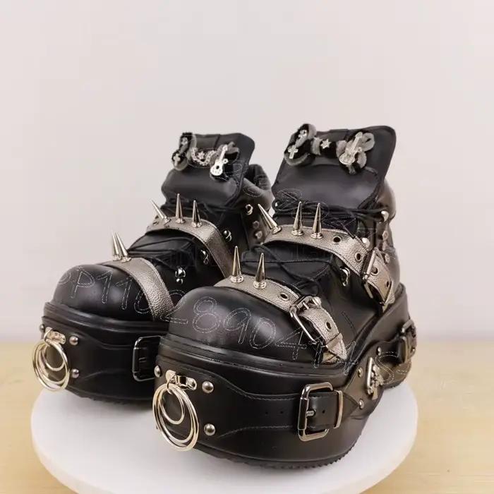 Boucle argentée pointes noir bout rond plate-forme bottes sans lacet femmes chaussures haut à la mode fête Banquet 2025 Zapatos Para Mujere