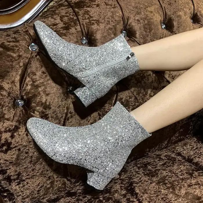 Mode femmes bottes Bling couleur unie côté fermeture éclair