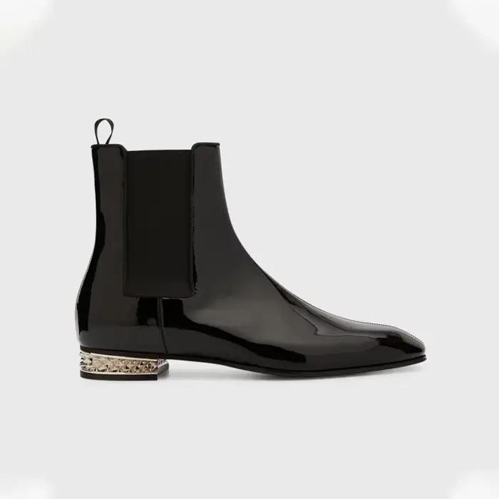 Bottes Chelsea en cuir verni pour hommes, bottines noires à enfiler, avec décorations métalliques, talon décoratif, pour affaires, soirée, hiver, résistantes à l'usure, décontractées