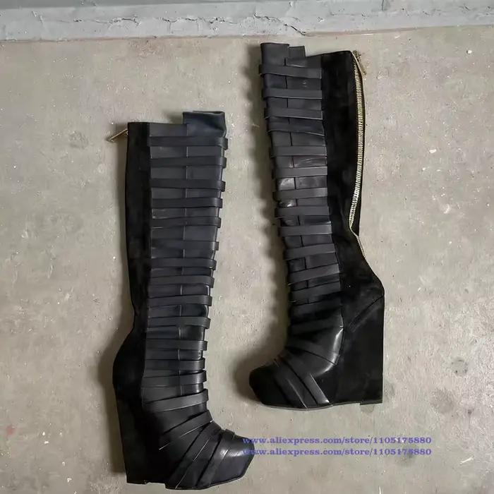 Multi sangles plate-forme compensée genou bottes hautes fermeture éclair arrière