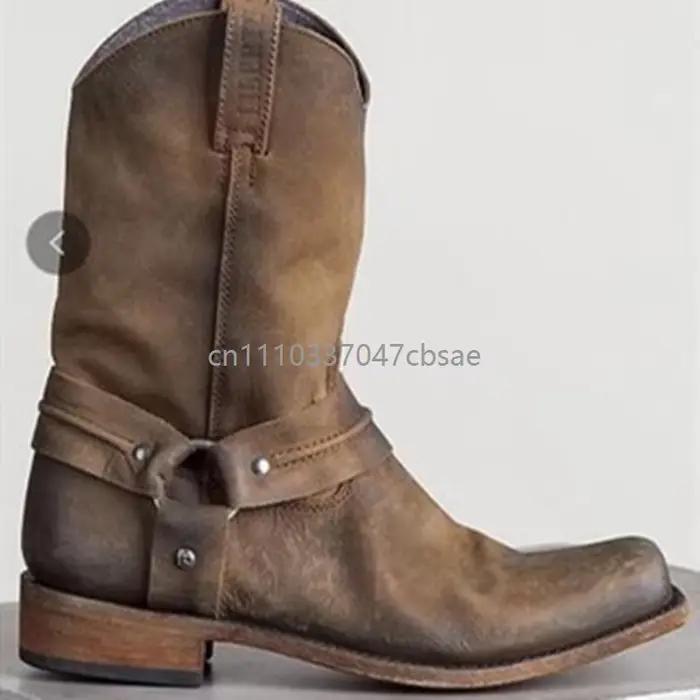 Bottes de cowboy western rétro médiévales unisexes mi-mollet en cuir PU à enfiler pour hommes et femmes, style décontracté d'hiver pour l'extérieur
