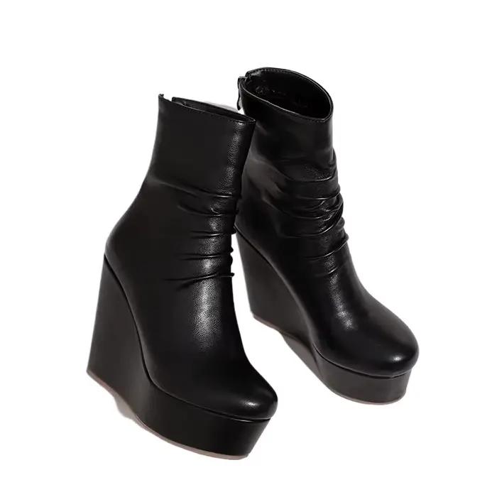 Femmes bottines taille 33 hiver automne conception plissée bout rond dames matures bureau plate-forme compensées talons hauts Chelsea bottes