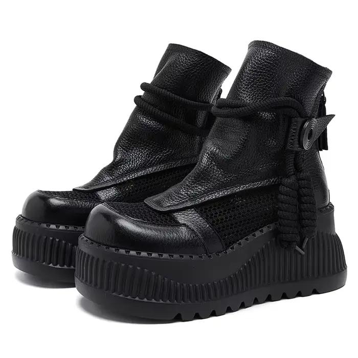 GKTINOO rétro évider 8 cm bottes à talons épais pour les femmes ZIP plate-forme en cuir véritable bottes d'été à lacets bottines
