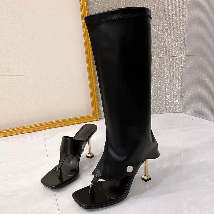 Élégant pincement orteil genou longueur Cool bottes femmes mode été mince talon chaussures dames de luxe mi talon bottes élastiques grande taille
