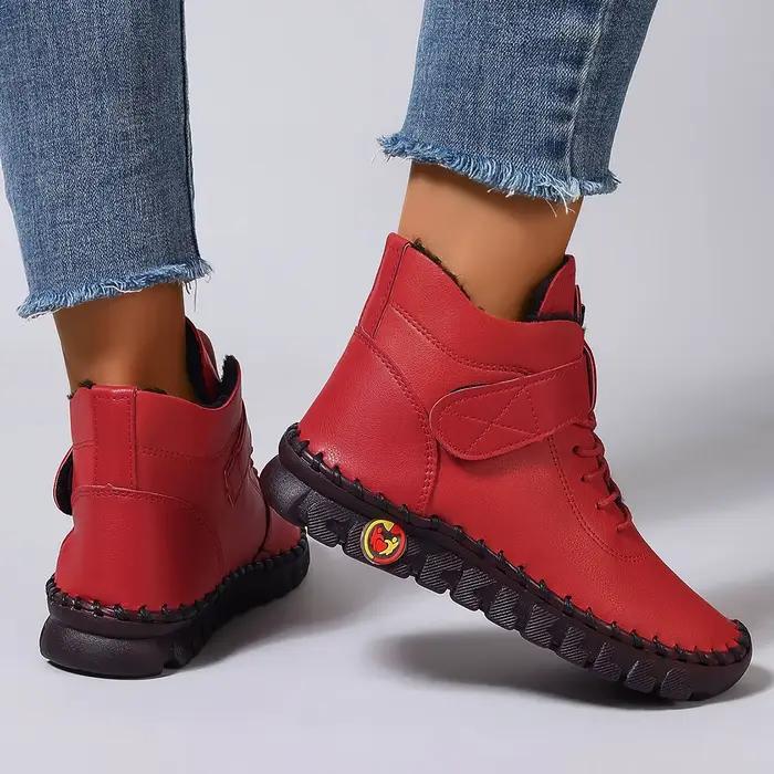 Bottes courtes en cuir et fourrure épaisse pour femme