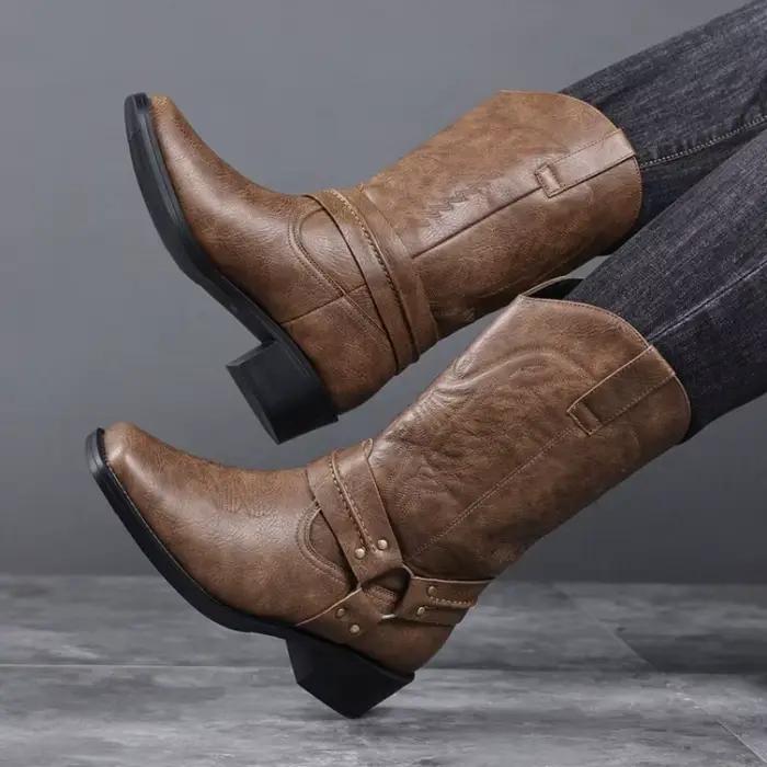 Bottes pour hommes, bottes de cowboy western rétro brodées, bottes de moto tendance pour hommes, bottes en cuir mi-mollet, Botas Masculino