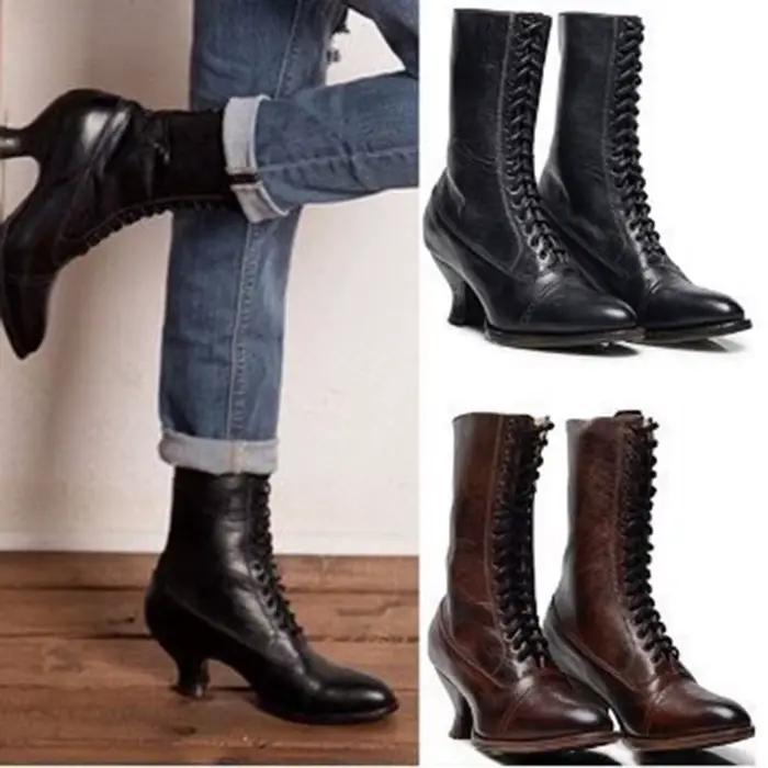 Bottes rétro en cuir PU pour femmes, Style Punk et gothique, Noble, Style britannique, bottines à mi-mollet, chaussures à talons hauts, Cosplay