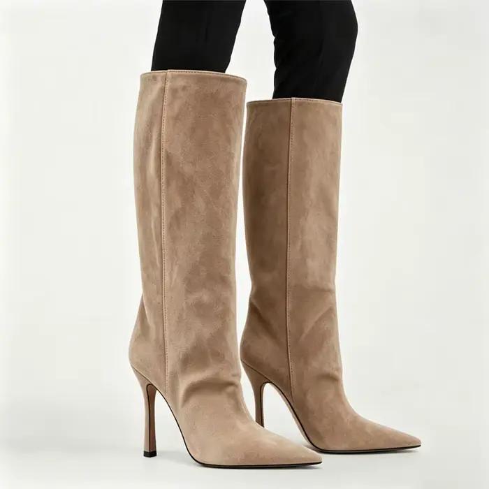 Bottes hautes en daim couleur unie pour femme, à bout pointu, talon aiguille fin, tige large, pour soirée et robe