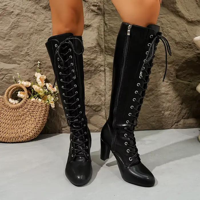 Bottines à fermeture éclair latérale pour femmes, chaussures à talons hauts épais, bout pointu, bottes longues à la mode, automne hiver, bottes d'équitation à lacets