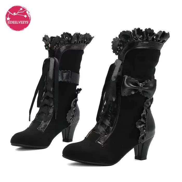 Bottes victoriennes Vintage pour femmes, chaussures à lacets, talons hauts, garniture à volants, princesse Lolita, Cosplay, Costume de fête de thé, automne et hiver