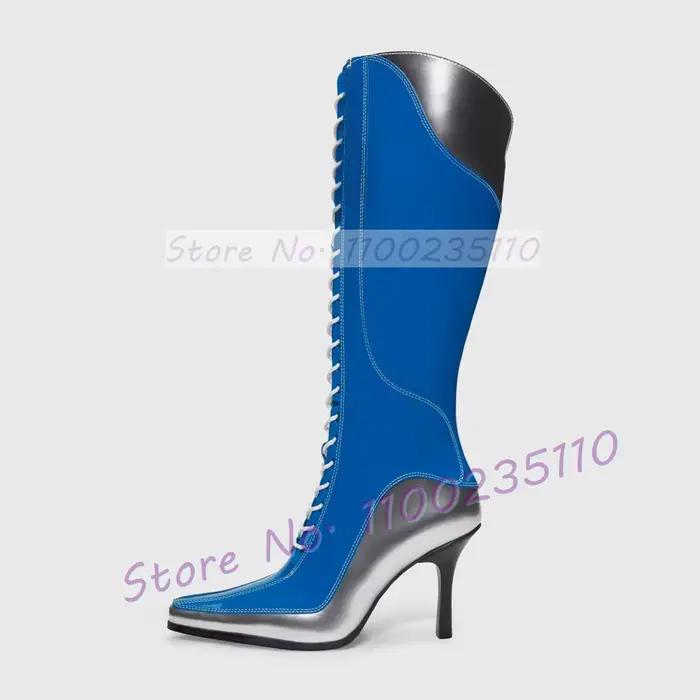 Bottes hautes en cuir verni bleu pour femmes bout pointu talons croisés élégantes pour printemps automne occassions spéciales