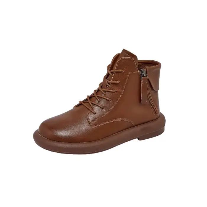 Bottines en cuir marron pour femmes, nouvelle collection 2026, à lacets avec fermeture éclair arrière, semelle plate basse, décontractées et confortables pour l'automne et l'hiver