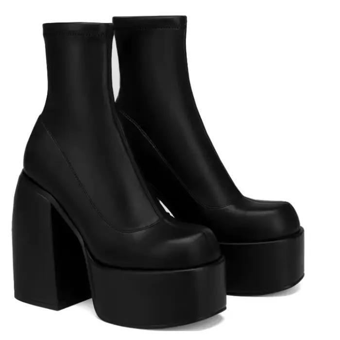 Bottes modernes femmes plate-forme talons bout rond botte en cuir talons épais fermeture éclair concepteur bloc talon chaussures mode filles chaussures décontractées