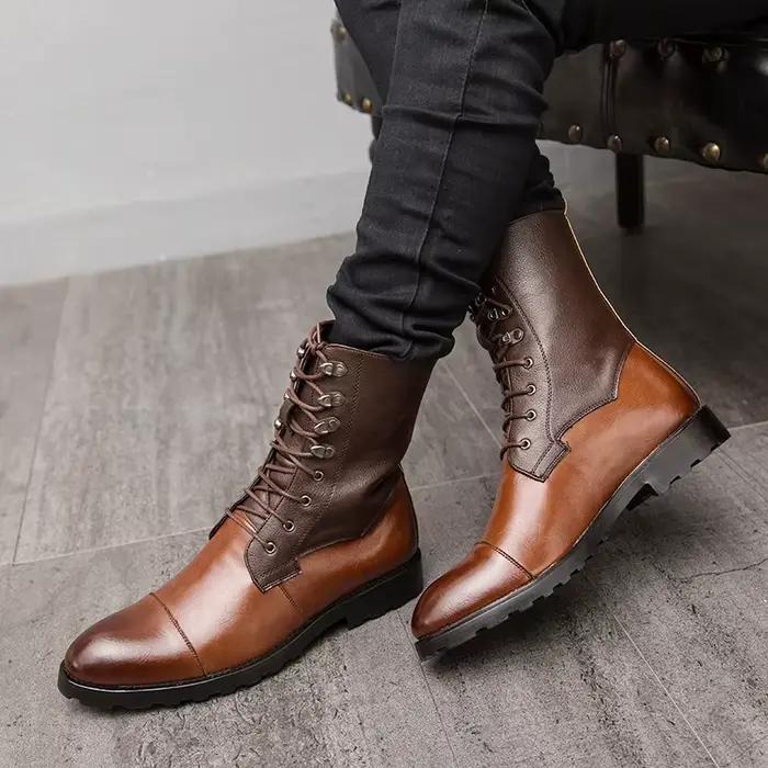 Bottes hautes en cuir vintage à lacets pour hommes, chaussures décontractées pointues, chaussures de moto, bottes pour hommes tout assorties, Parker