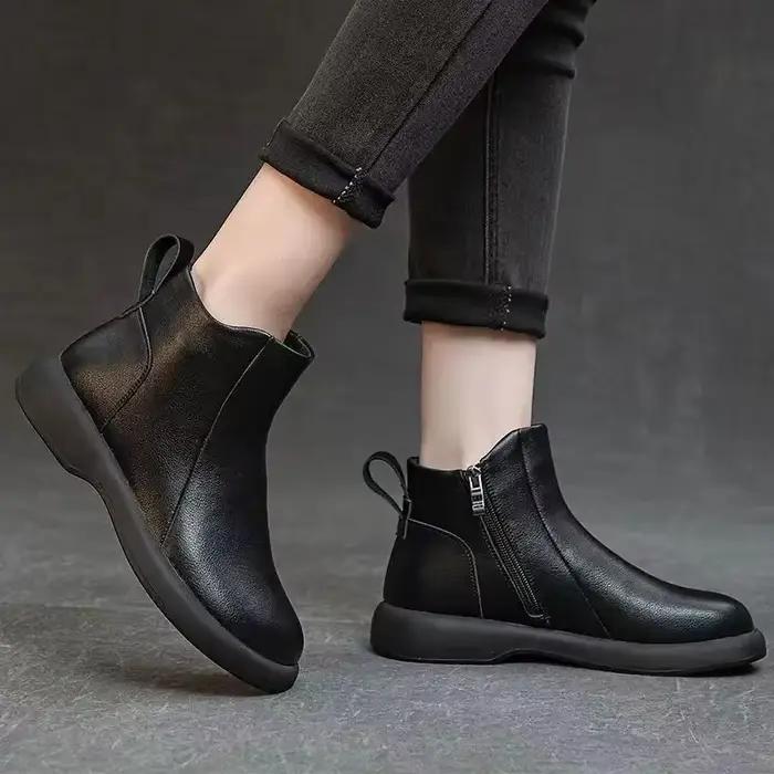Bottines en cuir à bout rond pour femmes