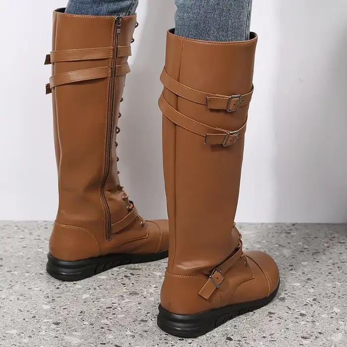 Bottes d'hiver de luxe pour femmes Combat Cowboy genou haute longue plate-forme en cuir chaussures noir gothique