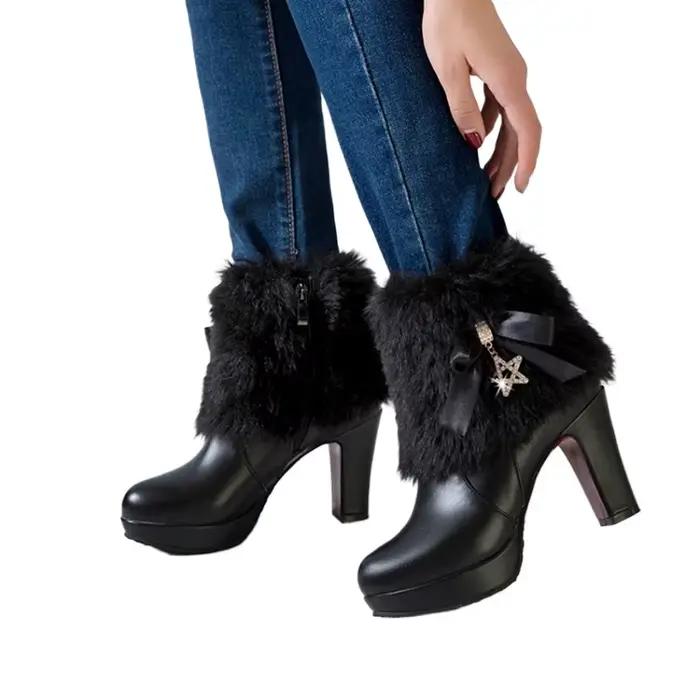Bottes de neige femmes hiver chaud en peluche mode talons hauts rose blanc noir fourrure Bowt robe fête mariage