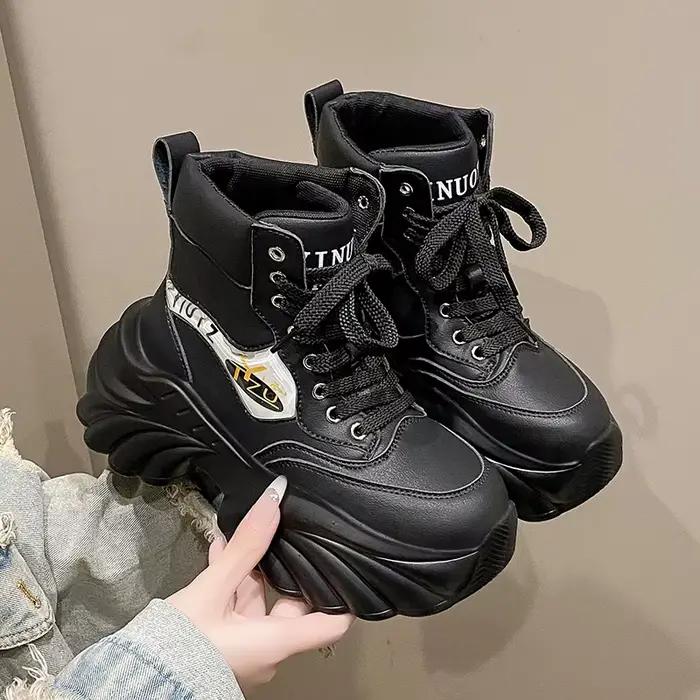 Bottes de rinçage compensées à plateforme pour femmes, grosses baskets, cuir de vache véritable, chaussures ergonomiques décontractées, automne et printemps, chaussures optimistes, 8cm