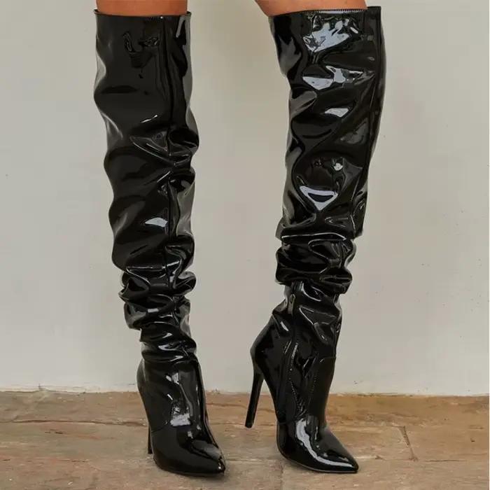 Bottes pour femmes sur le genou brillant plissé bottes à talons hauts fermeture éclair latérale femmes pompes bout pointu Stiletto femmes chaussures en cuir verni