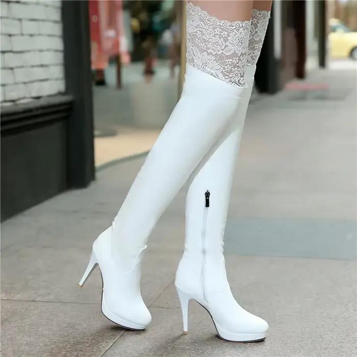 BLXQPYT Botas Mujer automne hiver genou bottes hautes femmes Sexy dentelle concepteur talons hauts cuissardes plate-forme chaussures 703-5
