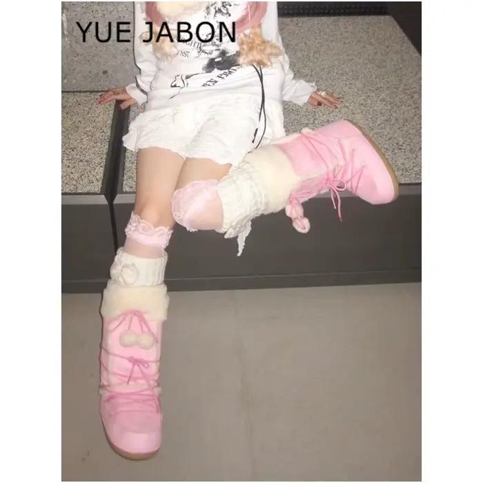 Bottes d'hiver blanches pour femmes, bottes de neige à semelle épaisse, bottes de Ski chaudes à plateforme mi-mollet, chaussures antidérapantes en coton, couleur rose