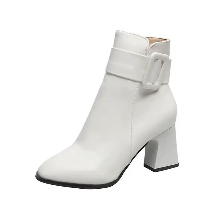 Bottines blanches à talon épais pour femme bout pointu chaudes et élégantes bottines courtes à boucle pour femmes occasions spéciales hiver printemps automne