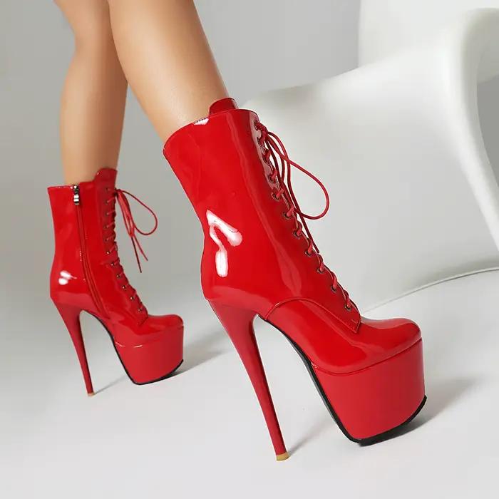 Bottines à plateforme en cuir verni brillant, noires et rouges, faites à la main pour femmes, style de rue, talons fins, ajustement parfait, printemps/automne