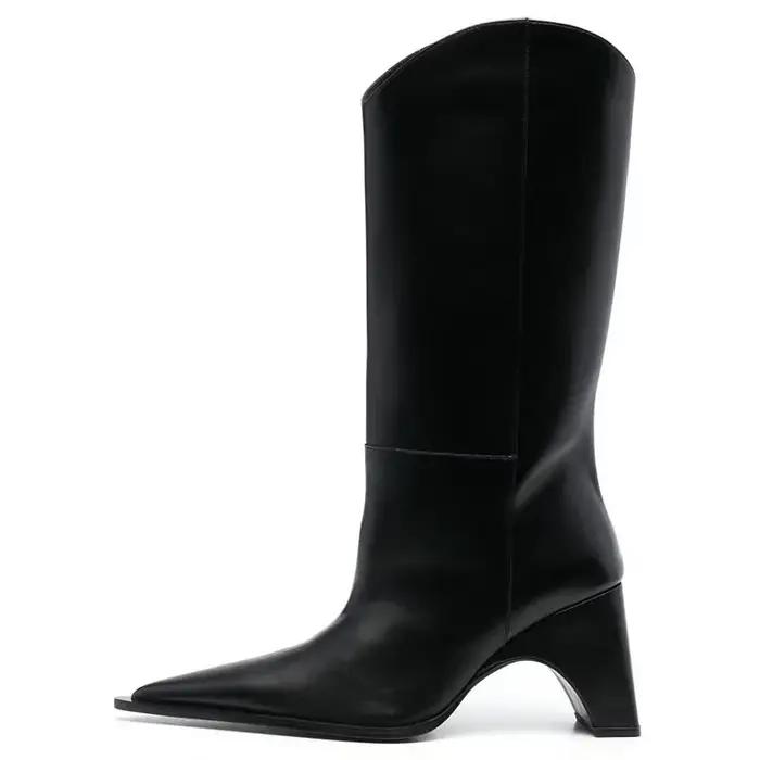 Bottes mi-mollet pointues à talon étrange en microfibre pour femmes, style rétro, couleurs mixtes, idéales pour les sorties nocturnes et les occasions spéciales